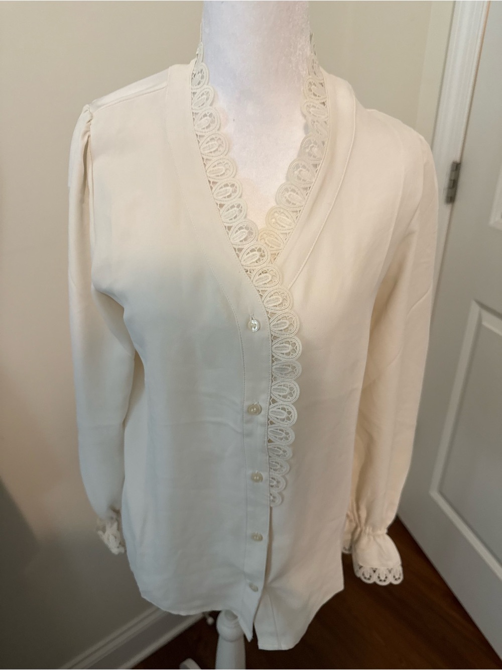 Ann Taylor Cream Lace-Trim V-Neck Button Blouse